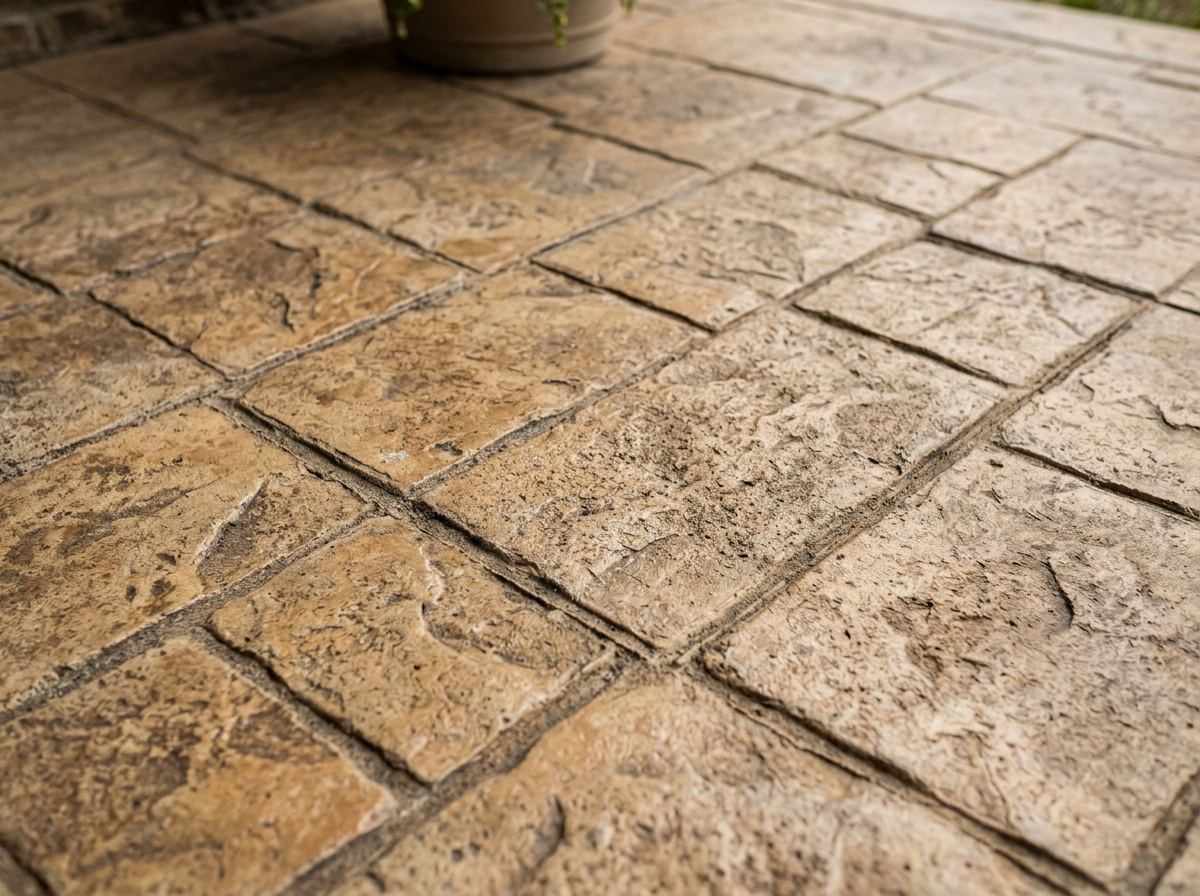 Close-up of stamped concrete patio texture showing ashlar stone pattern in Sioux Falls, SD